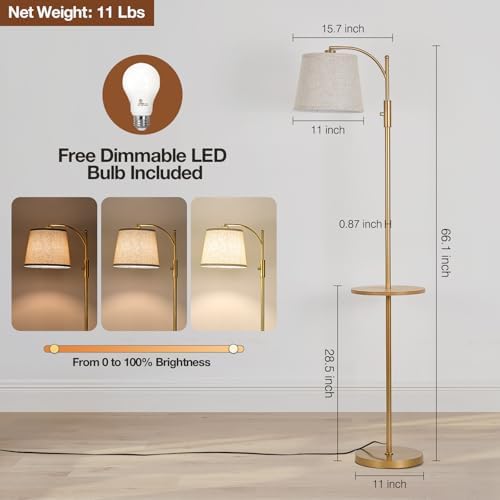 AIDENOEY Golden Floor Lamp with Table, Dimmable Standing Lamp, Living Room