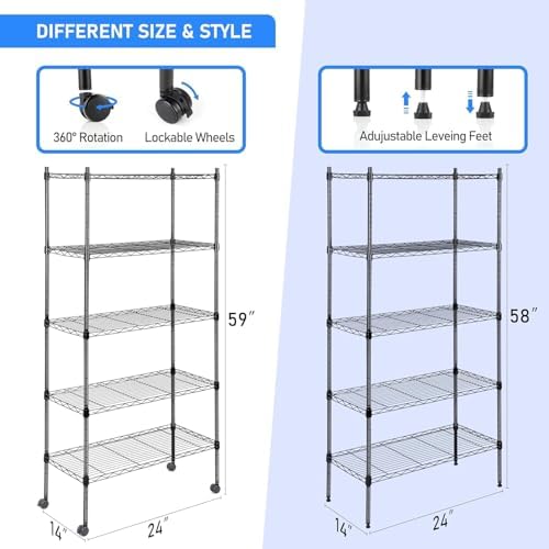 Simple Deluxe 5-Tier Storage Shelving Units, 24.02" W x 13.78" D x 59" H Wire Shelf with Wheels & Leveling Feet, Black