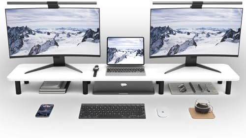 Dual Monitor Stand Riser 43.7 inch Large Extra Long Monitor Stand Riser Wide TV Stand Riser Monitor Stand for 2 Monitors Wood & Steel Leg Desktop Riser Desk Organization Home Office (White)