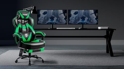 Vonesse Gaming Chair, High Back Gaming Chair with Footrest and Massage, Gaming Chairs for Adults with Pocket Spring Cushion, Big and Tall Reclining Computer Chair with Lumbar Support (Green/Black)