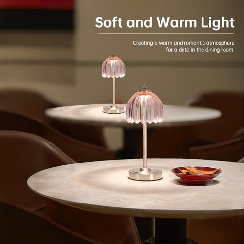 Shenmoyl Tulip Table Lamp with 5200mAh Battery & Touch Control, Cordless Small Table Lamp with 3 Colors, Dimmable Rechargeable Table Lamps for Living Room, Bedroom, Desk, Bedside (Clear Pink Tulip)