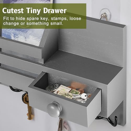 Key Holder Wall Mount, Wooden Key and Mail Organizer, Gray