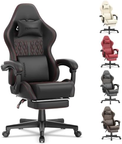 Ferghana Vintage PU Leather Gaming Chair, Ergonomic Reclining Racing Gamer Chair with Massage Lumbar Support, High Back Computer Office Chair with Footrest for Adults, Black