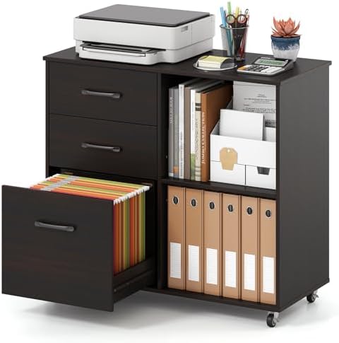Giantex 3-Drawer Mobile File Cabinet, Rolling Printer Stand with Open Storage Shelves, Under Desk Lateral Filing Cabinet for Letter/A4 Size, Wooden Office Organizer with Wheels for Home Office (Brown)