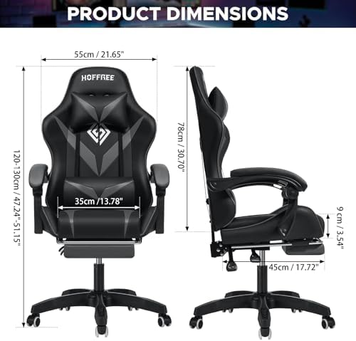 Gaming Chair with Massage Footrest Ergonomic Computer Chair for Boys-Grey