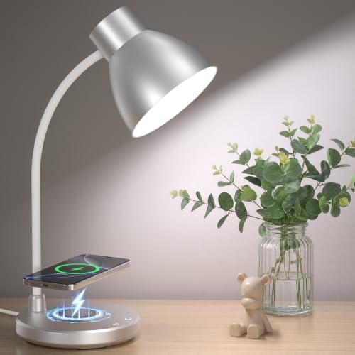 LED Desk Lamp for Home Office with Wireless Charger, Silver