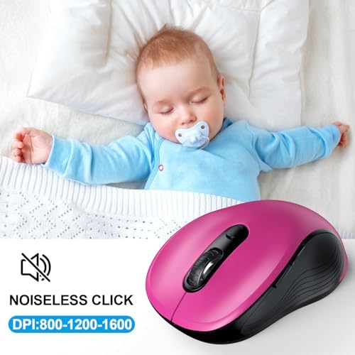 WisFox 2.4G Wireless Mouse for Laptop, Ergonomic Computer Mouse with USB Receiver and Type-C Adapter, 3 Adjustable Levels, 6 Button Cordless Wireless Mice for Windows Mac PC Notebook (Fuchsia)