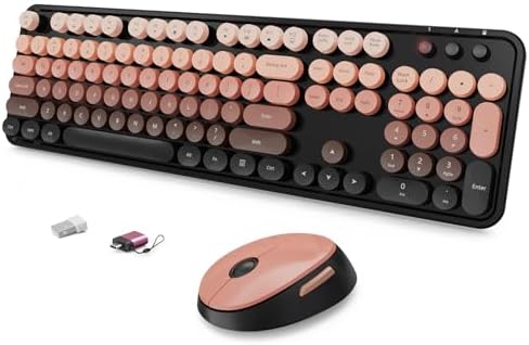 SkyGive Wireless Keyboard and Mouse Combo, Ergonomic Full Size Typewriter Retro Round Keycaps Keyboard, Compatible with Windows, PC, Perfect for Home and Office Keyboards (Aurora Red)