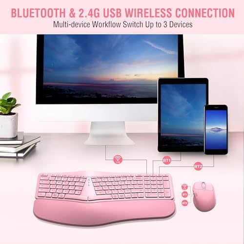 MK960 Ergonomic Wireless Keyboard Mouse Combo, Bluetooth/2.4G Split Design Keyboard with Palm Rest and 4 Level DPI Adjustable Wireless Mouse Multi-Device, Rechargeable, for Windows/Mac/Android(Pink)