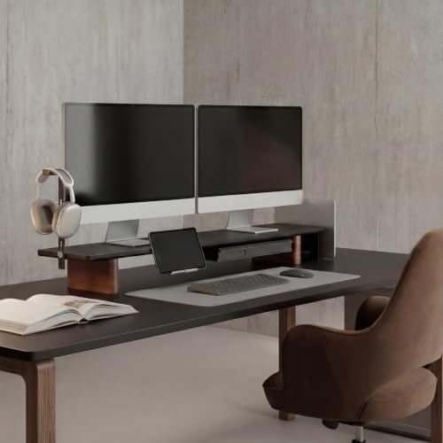 Fenge Modular Dual Monitor Stand Riser with Solid Ash Wood Leg, 42.5" Black