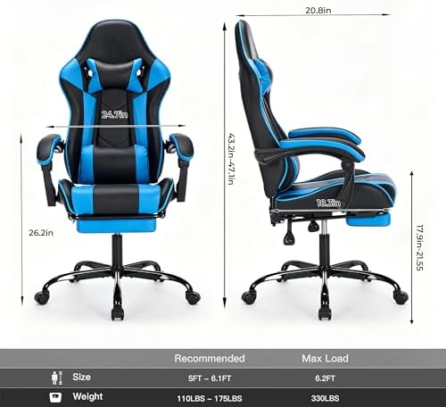 Big and Tall Gaming Chair with Footrest, Ergonomic Computer Desk Chair with Lumbar Support & Headrest, High Back PU Leather Gaming Office Chair, Reclining Swivel Task Chair for Office or Gaming