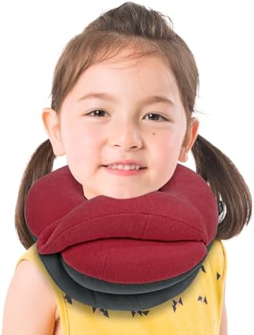 BUYUE Kids Travel Pillows for Airplane, Memory Foam 360° Head Support Sleeping Essentials for Long Flight, Skin-Friendly Soft Neck Pillow for Traveling in Car Seat, (Small, Red Grey, 40-90 lbs)