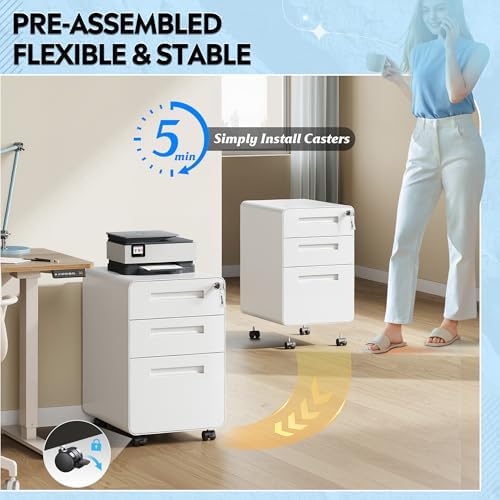 DEVAISE 3 Drawer File Cabinet with Lock, Fully Assembled Filing Cabinet