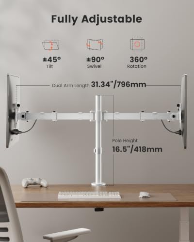 ErGear Fully Adjustable Dual Monitor Mount for 2 Screens up to 32 Inches, Holds up to 17.6 lbs Each Arm, Desk Stand, White
