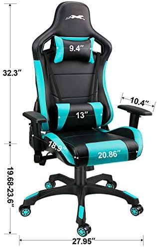 Leopard Gaming Chair, High Back PU Leather Office Chair, Adjustable Video Gaming Chairs, Swivel Racing Chair with Adjustable Armrest (Black/Light Blue)