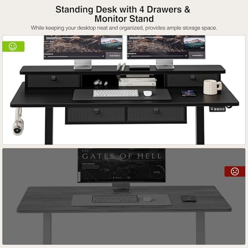 Grandder Electric Standing Desk with Four Drawers, Sit to Stand Up Height Adjustable Desk with Storage Shelf for Home Office, 47 * 28 Inch, Study, Ergonomic Adjustable Computer Desk, Black