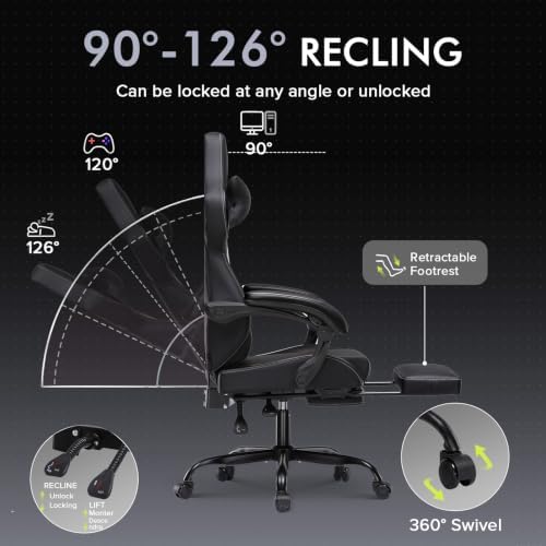 GTPLAYER Gaming Chair with Footrest, High Back Computer Chairs for Adults with Linkage Armrest Lumbar Support Heavy Duty 350lbs Ergonomic Swivel PC Game Chair for Office, Black