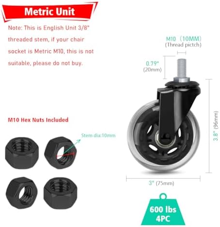 Hirate 3 inch M10 x 20mm Threaded Stem Swivel Caster Wheels with Hex Nuts