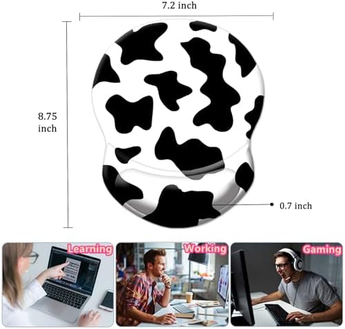 Ergonomic Mouse Pad with Support - Comfortable Wrist Rest, Non-Slip PU Base for Home Office, Studying, Gaming (Black White Cow)