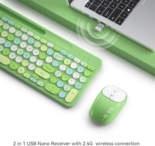 Retro Wireless Keyboard and Mouse Combo, Full-Size USB Keyboard with Round Keycaps, 2.4GHz Wireless for Desktop, Laptop and Computer (Green-Colorful)