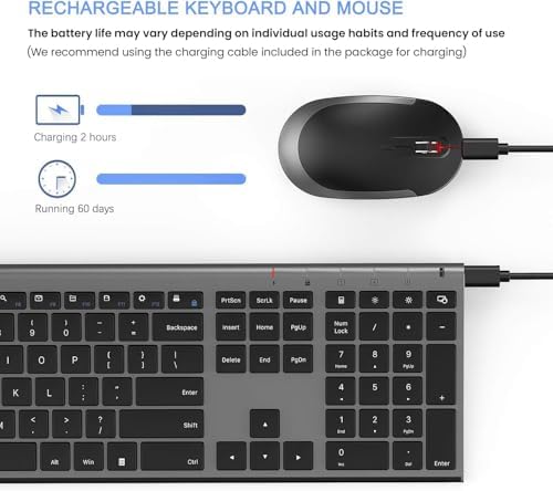 Vssoplor Wireless Keyboard and Mouse, Rechargeable Ultra Slim, Dark Gray