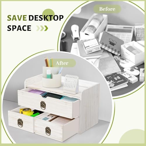 Wood Desk Organizer with Drawer, White Wooden Desktop Organizer, Tabletop Storage Organization Box for Countertop, Home Office Supplies, 13.5x6.6x8.2 Inch(3 Drawer and Shelf)