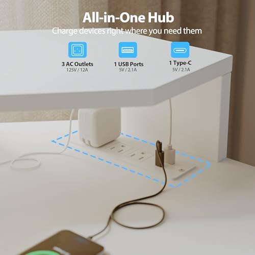 Agilestic 63*35 Inch L Shaped Standing Desk with Shelf & Led& Outlet, White