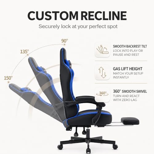 Office Desk Computer Gaming Chair for Adults, Ergonomic High Back Gamer Chair with Massage and Pocket Spring Cushion, Swivel Comfy Video Game Chairs with Footrest and Lumbar Support (Black Blue)
