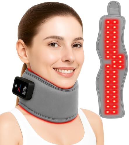 Red Light Therapy Neck Brace, 660nm & 850nm Infrared Light Therapy for Neck Pain Relief & Support, 3 Light Modes and Timer, Adjustable Wireless Cervical Collar for Home Office Use (Grey)