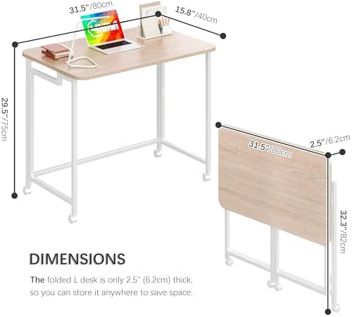 4NM 31.5" Mobile Small Rolling Computer Desk, Folding Laptop Cart Table with Wheels, Portable Office Desk for Small Space Couch Bed - Natural and White