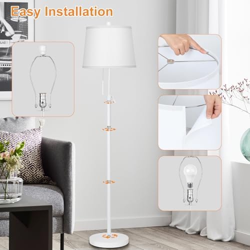 White Floor Lamp for Living Room 55-65" Adjustable Height Modern Standing Lamp with Pull Chain Tall Pole Light with White Shade for Bedroom Reading Office Corner Nursery 9W LED Bulb Included 3 Color