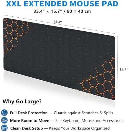 Extended Honeycomb Desk Mat, XXL Large Gaming Mouse Pad, Gold Glowing Pattern Stitched Edges Waterproof Non-Slip Rubber Base for Computer Keyboard Laptop Work Home Office 35.4"x15.7"