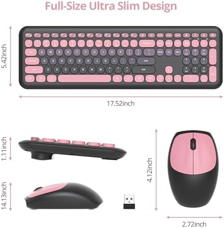 Surmen Black Pink Keyboard and Mouse Wireless Quiet, Full-Size Girly Slient Keyboard Retro Typewriter Low-Noise 2.4GHz for Computer, Desktop, Laptop (110-Heimei Pink)