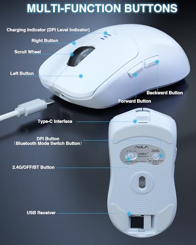 AULA SC580 Wireless Gaming Mouse, Tri-Mode White Gaming Mice & 12000 DPI