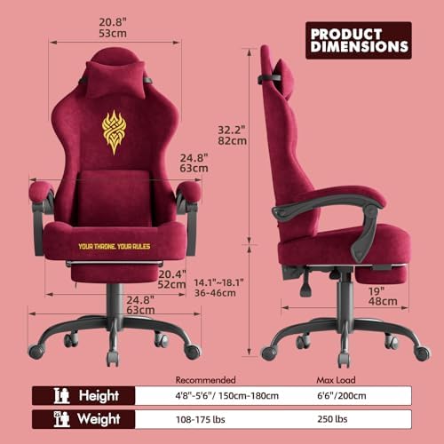Soontrans Red Velvet Fabric Gaming Chairs with Footrest, Ergonomic Comfortable Video Gamer Chair, Reclining Office Computer Desk Game Chairs with Massage Lumbar Cushion,Headrest for Adult
