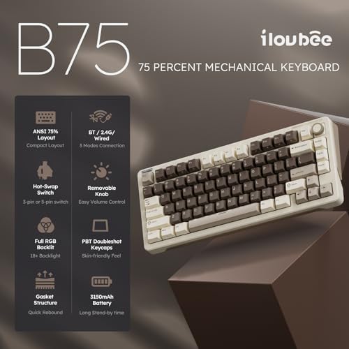 iLovBee B75 Wireless Mechanical Keyboard with Knob, Linear Switch, Mocha