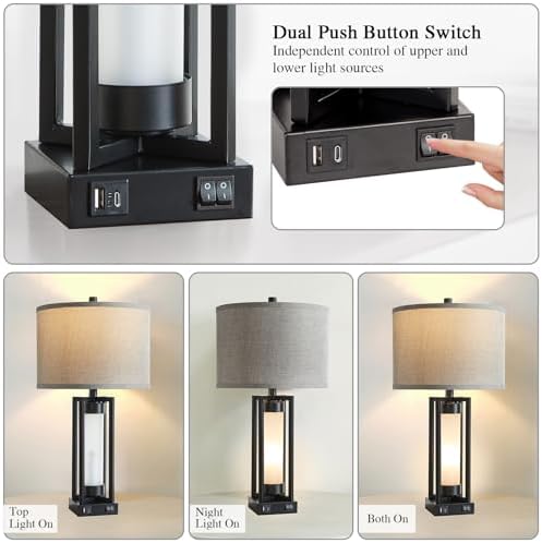 Set of 2 Modern Table Lamps for Living Room with USB C+A Ports