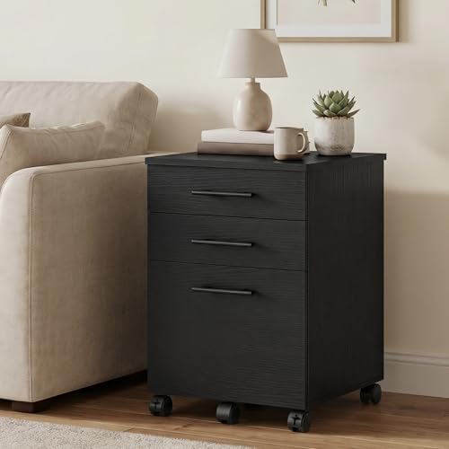 HOOBRO 3-Drawer File Cabinet, Wooden Under Desk Filing Cabinet, fits A4/Letter Size for Home Office, Small Rolling Storage Drawer Chest, Printer Stand with Drawers, Black BK02WJ01G1