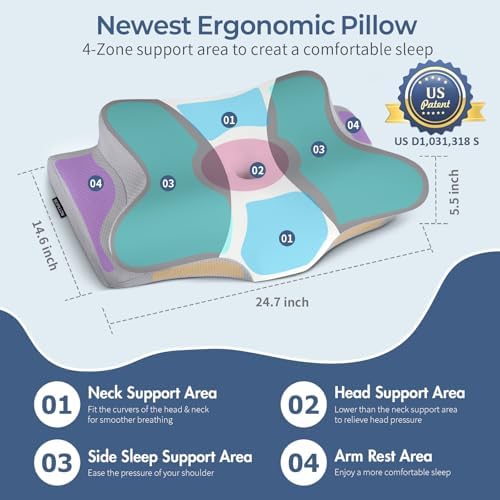 Cervical Pillow for Neck Pain Relief, Ergonomic Neck Pillow for Sleeping, Contour Side Sleeper Pillow for Neck Support, Orthopedic Cooling Memory Foam Pillows for Back Stomach Sleepers (Grey& White)