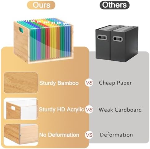 Sbanmao Clear Acrylic File Box Organizer, Bamboo Hanging Folder Storage Boxes, Filing Crate Bin Holder with Handle for Home Office Desk, Letter Size
