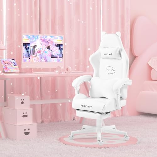 VlGOSlT Cat Ear Gaming Chair with Footrest - Adjustable Lumbar Support, 310lbs Capacity.Removable Cute Ears, Cotton-Filled Ergonomic Computer Chair for Girls/Teens (White)