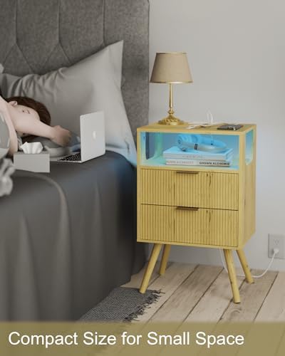 JOONEE Nightstand with Charging Station and LED Lights,Modern Bedside Table with 2 Storage Drawer and Open Wood Shelf, for Bedroom and Small Spaces,Night Stand with Solid Wood Legs (Yellow Oak)