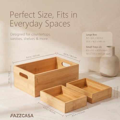 3 Pack Bamboo Storage Box with Handle, Wooden Organizer Bins
