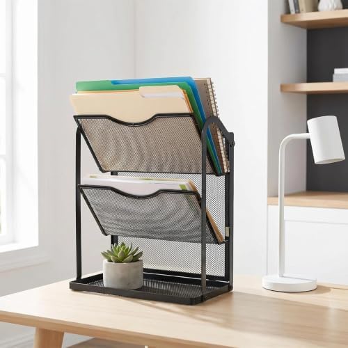 3-Tier Wall File Organizer for Office,Metal Folder Holder with 2 Hook,Black
