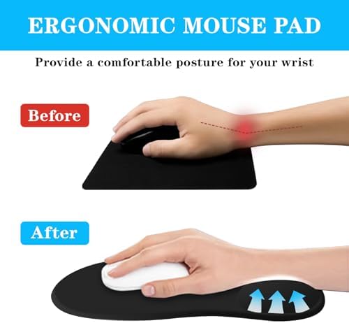 Mouse Pad with Wrist Rest,Ergonomic Mouse Pad with Comfortable Gel Wrist Rest Support and Non-Slip PU Base for Easy Typing Pain Relief, Durable and Washable(Black)
