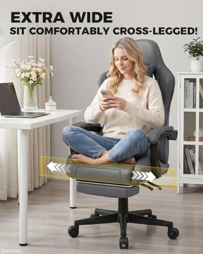 LUCKRACER Gaming Chair with Pocket Spring Cushion and Footrest, PU Leather 90°-155° Reclining Computer Chair, 4.5" Height Adjustment, Ergonomic Office Chair with Lumbar Support, Dark Gray