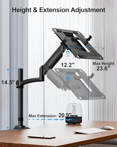 MOUNTUP Laptop Desk Mount, Adjustable Laptop Stand for max 17" Notebook or 32" Monitor, Laptops Arm Mount for Desk Holds 4.4-22lbs, Tall Laptops Stand with Clamp/Grommet
