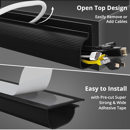 Cable Management Under Desk, 32in (2x15.75in) J Channel, Self Adhesive Cable Raceways Channel, Easy to Install Cord Cover Hider Desk Cord Organizer Electrical Black