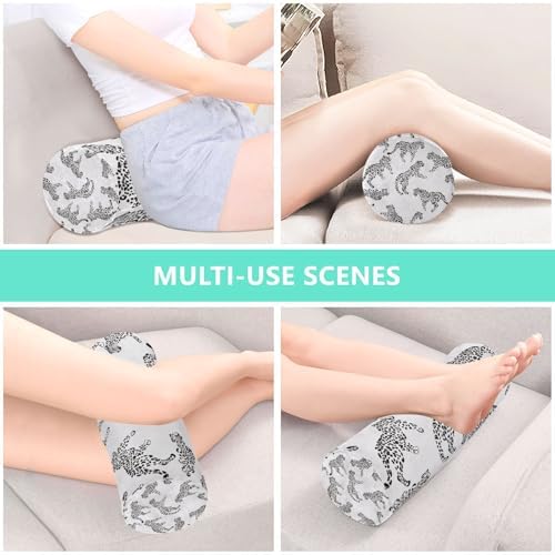 White Leopard Print Neck Roll Pillow - Extra Dense Memory Foam Round Cylinder Bolster for Cervical Support, Spondylosis, Neck Pain Relief