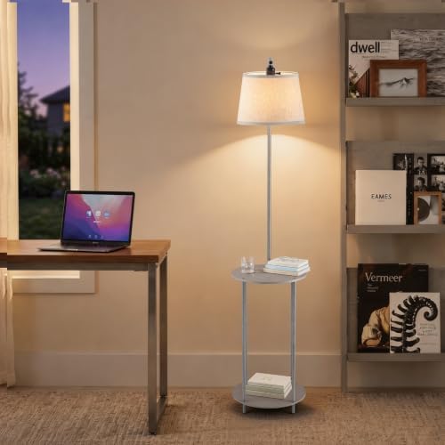 Floor Lamp with Table, 2-in-1 Side Table Floor Lamp with Linen Shade